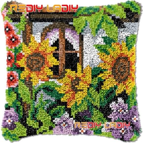 Latch Hook Cushion Sunflowers DIY Needlepoint Kits Chunky Acrylic Yarn Arts Crocheting Lofty Pillow Case Hobby & Crafts