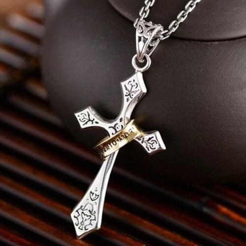 Jesus Cross Pendant 925 Sterling Silver Memento Mori Flower Carving With Gold Color Circle Vintage Personality Retro Type