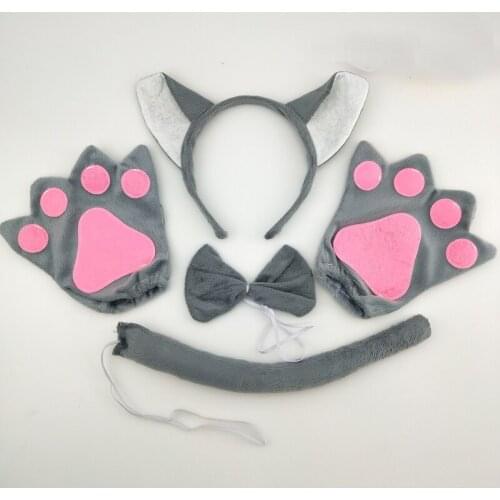 Men Boy Girl Animal Anime 3D Wolf Fox Headband Bow Tie Tail Paws Cosplay Costume Birthday Party Gift Halloween Toy