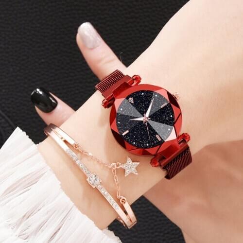 Luxury Starry Sky Stainless Steel Mesh Bracelet Watches set For Women Crystal Analog Quartz Wristwatches Ladies Dress Clock gift