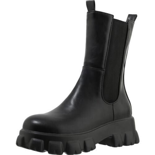 Inner-Increasing Thick-Soled Microfiber Stitching Elastic Band Mid-Calf Boots PU Autumn And Winter Fashion Warm Womens Shoes