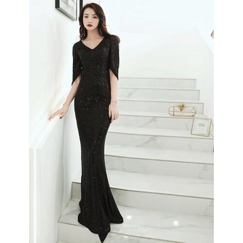 Evening Dress Simple Floor-Length Mermaid Elegant Sequins Empire Half Sleeve Black V-Neck Plus size Women Formal Party Gown C880