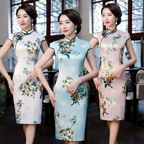 Vintage WomenS Dress Silk Mid-Long Cheongsam 2020 New Summer Short Sleeve Low Slit Cheongsam Dress Classic Modern Qipao Платье