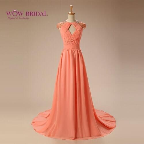 Wowbrial Graceful Long Evening Dress 2021 O-Neck Crystal Cap Sleeve Criss-Cross Open Back Chiffon Sweep Train A-Line Formal Gown