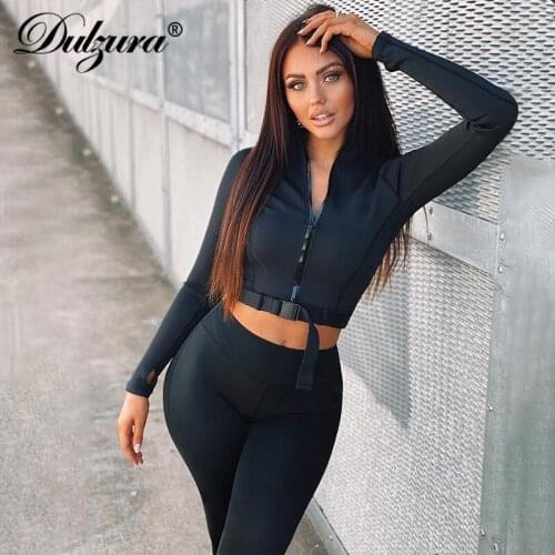 Dulzura Patchwork Women 2 Piece Set Long Sleeve Crop Top Zipper Belt High Waist Leggings Skinny Strenty Sporty Tracksuit Outfit