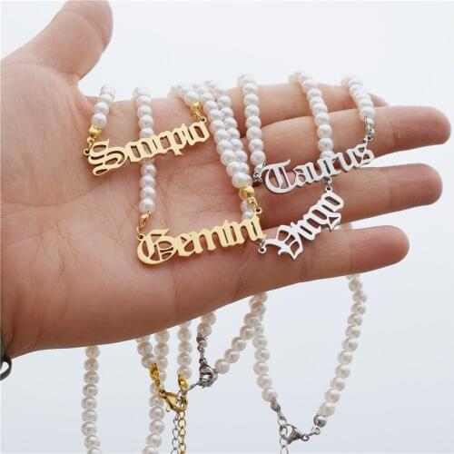 Zodiac Necklace For Women Gold Leo Capricorn Imitation Pearl Necklace Gemini Aries Aquarius Letter Choker Necklaces BFF