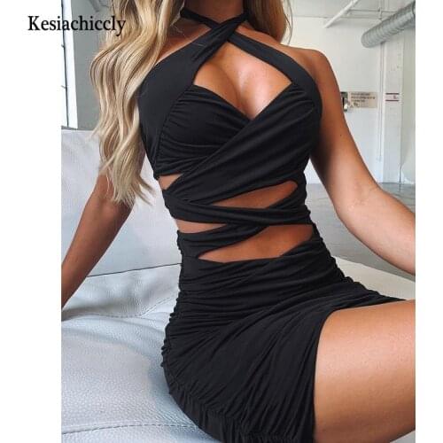Kesiachiccly Ruched Mini Dress Backless 2 Layers Stretch Sleeveless Slim Fit Sexy Summer Dress Women Fashion Robe Party Wear
