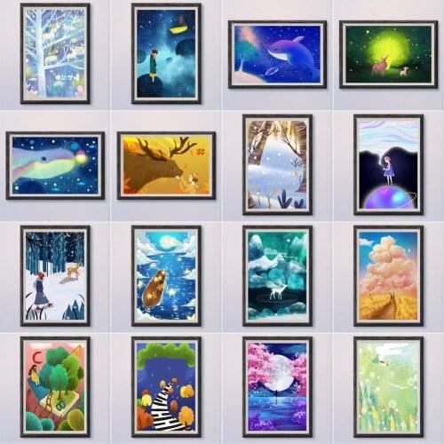 1-1 Simple aesthetic dream childrens indoor art decoration illustration animal landscape multicolour Wall Silk HD Poster Gift
