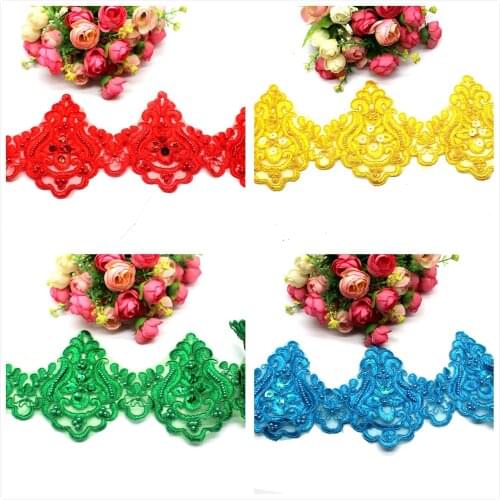 Gold Embroidered Lace Beaded Flower Lace 3d Wedding Trims Scalloped Lace Applique Flower Border 11CM