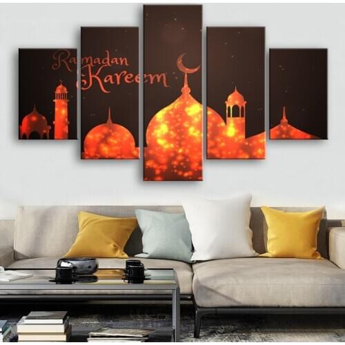 Cartoon Ramadan Kareem Wall Art 5 Pieces Islamic Mosque Canvas Print Paintings Posters Wall Art Pictures Living Room Decor Frame