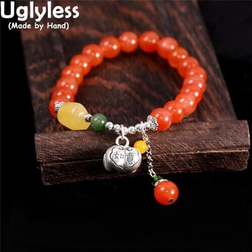 Uglyless Pretty Pumpkin Agate Bracelets Women Adjustable Elastic Rope Beads Gemstones Bracelets Amber Jasper Jewelry 925 Silver
