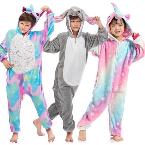 Kids Winter Pajamas Kugurumi Stitch Animal Sleepwear Girl Boy Flannel Warm Hooded Children Halloween Christmas pajamas