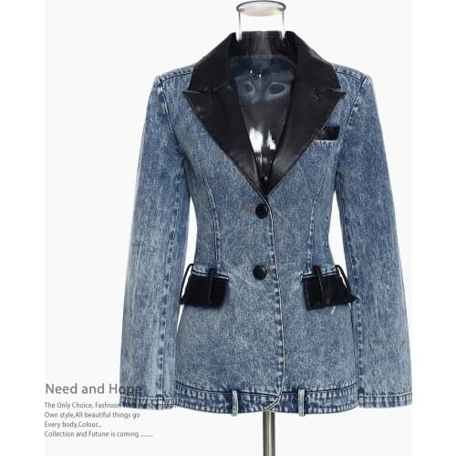 Designer Blazer Womens Long Sleeve Single Breasted Denim Jacket Coat PU Patchwork Blue Jeans Jacket