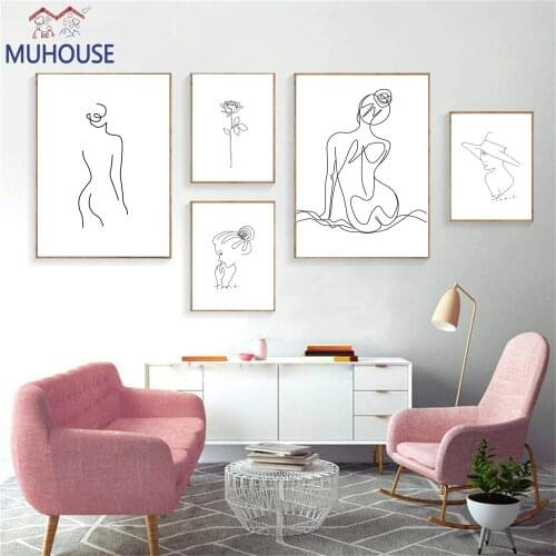 Feminist Line Drawing Lady Abstract Posters Aesthetic Black and White Home Decor Nordic Canvas Painting Wall Art for Living Room