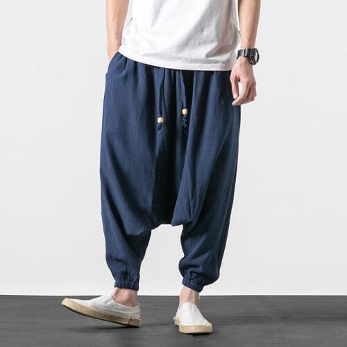 Summer Low Drop Crotch Wide-Leg Long Trousers Men Hip Hop Loose Harem Pants Male Chinese Style Cross Drawstring Linen Pants