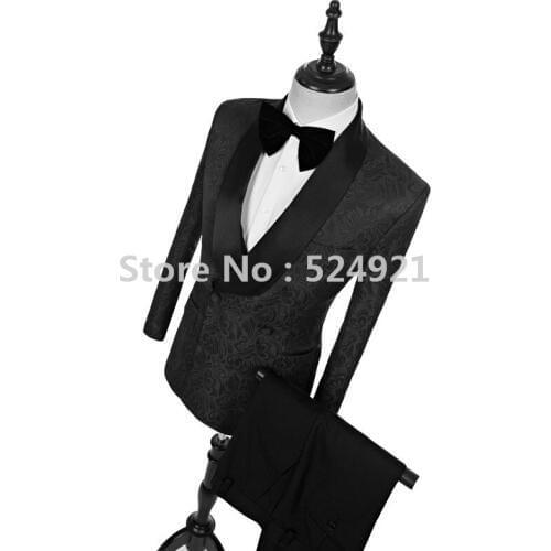 Side Vent Groomsmen Black Groom Tuxedos Shawl Lapel Men Suits Pattern Wedding/Prom Best Man Blazer ( Jacket+Pants+Tie ) C267