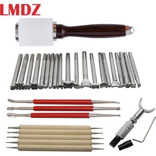 LMDZ 30Pcs Set Leather Carving Working Saddle Set DIY Hammer Swivel Knife Leather Craft Modelling Point Pen & Dual Tipped tool