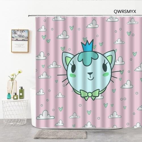Pink Cartoon Cute Cat Head Shower Curtain Set Childrens Room Decoration Curtains Bathroom Bathtub Accessories Bathroom Products