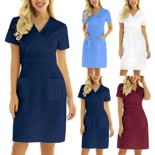 Nurse Women Dress Solid Casual Short Sleeve V-neck Working Uniform Solid Pocket Dress Cotton Long Vestidos Blusas Elegantes