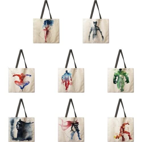 Watercolor superhero linen fabric casual tote bag foldable shopping bag reusable beach bag ladies shoulder bag