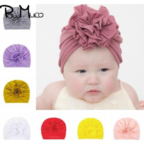 Powmuco 18*19 CM Solid Color Fabric Newborn Hats Cute Handmade Flower Baby Girls Caps Infant Headwear Kids Photography Props