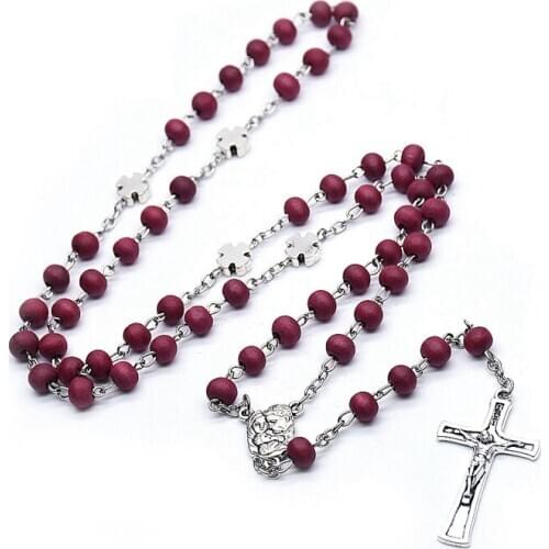 QIGO Catholic Jewelry Red Wood Holy Family Cross Rosary Necklace For Women Men Religious Prayer Jewelry