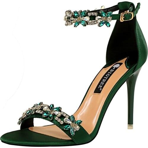 Crystal Flowers Women' s Sexy Strap Sandals Satin Open Toe 9CM Super High Bride Wedding Shoes Party Dress Thin Heels Rhinestone