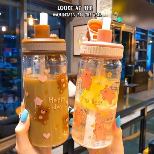 Cute Bear Straw Glass Student Scale Transparent Milk Cup Water Cup Girls Heart Glass Mug Mugs Coffee Cup boba cups