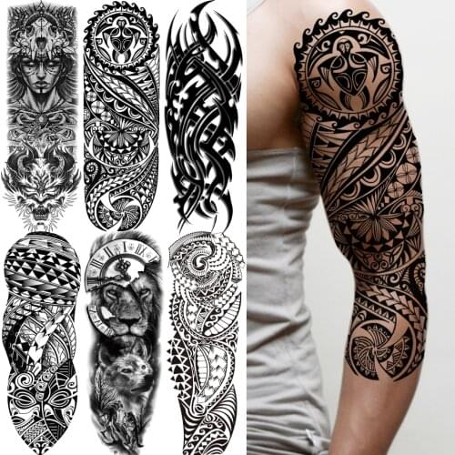 Tribal Maori Temporary Tattoo Sleeve For Men Women Adult Wolf Lion Tattoos Sticker Black Large Turtle Tiki Fake Tatoos Supplies