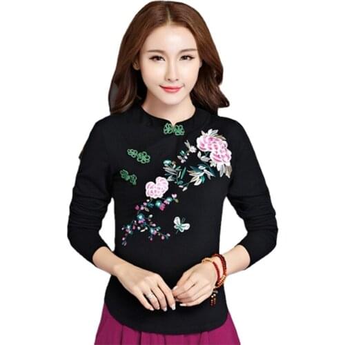 Cheongsam Top Traditional Chinese Clothes For Women Long Sleeve Shirt Cotton Vintage Clothing Top Tee Blouse Shirt G250