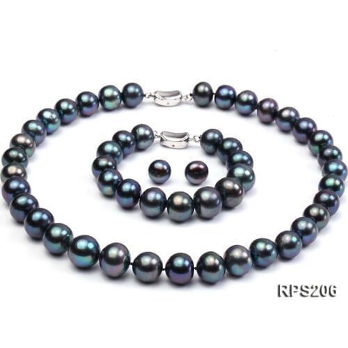 Unique Pearls jewellery Stone Real Pearl Jewellery Set Top Quality 11mm Black Round Freshwater Pearl Necklace Bracelet Earring
