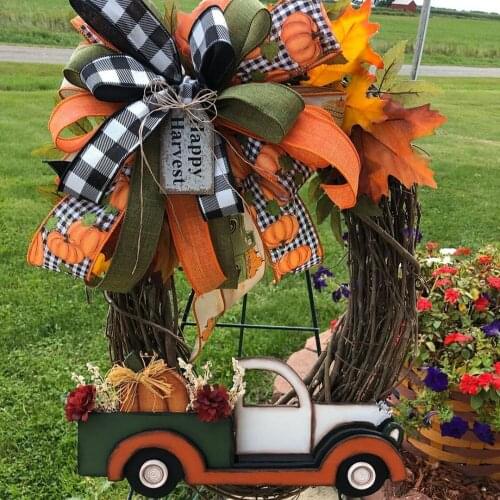 Pumpkin Truck Wreath Fall Wreath For Front Door Farm Fresh Sign Autumn Wreath Decoration Halloween Stolen Wreath Doorplate Decor