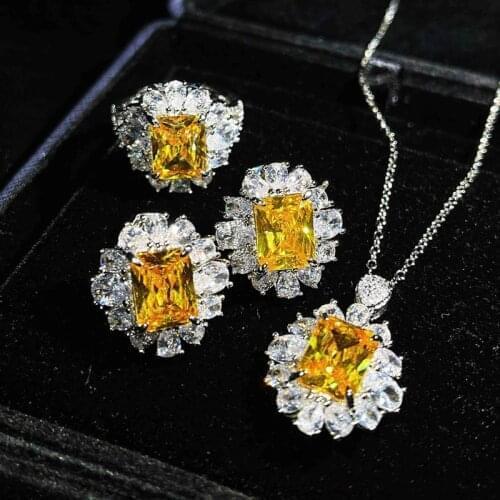 Vintage Jewelry Set Dazzling Yellow Crystal Zircon Luxury Silver Necklace/Earrings/Ring For Women Wedding Party Anniversary Gift
