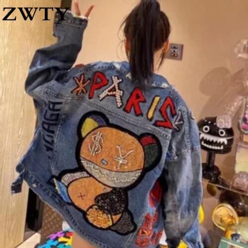 ZWTY Women jean jacket New Spring Womens Jeans New Hot Diamond Heavy Bear Loose Fashion Cowboy Coats Women