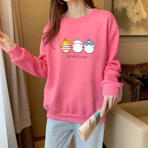 Woman Solid Color O-Neck Sweatshirt Casual Loose Fit Hoodie Harajuku Plus velvet thickening Pullover Solid Tops Korean Pop