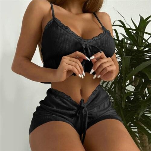 Imcute Womens Set Sleeveless V-neck Sling Tops Shorts Two-piece Suit for Vacation Party Travel Pullover Lace Drawstring Clothes