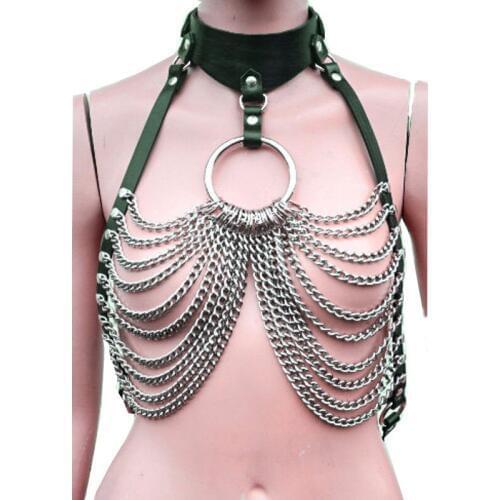 100% Handmade Women Girl Sexy Bondage Leather Choker Bra with Chains Links Lingerie Leather Bra Top Cosplay Punk Gothic