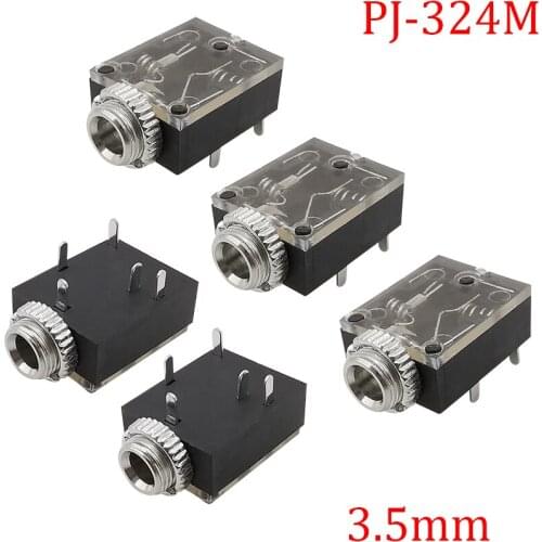 5Pcs/Lot Black PJ-324M 3.5mm Stereo Audio Jack Headphone Female Socket PCB Panel Mount Connector With Nut PJ324M Audio Adapter