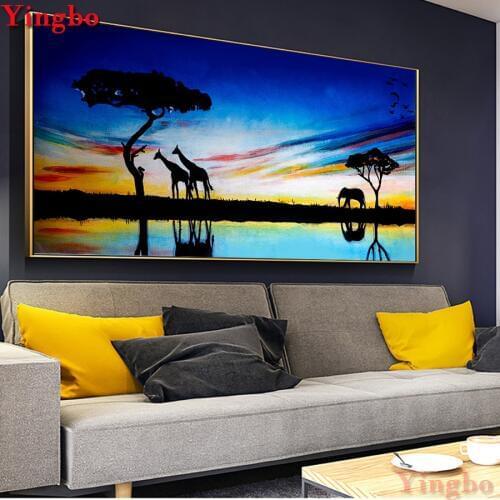 5D Cross Stitch Diamond Painting Sunset Elephants And Giraffes Diamond Embroidery landscape Full Square Round Diamond Mosaic