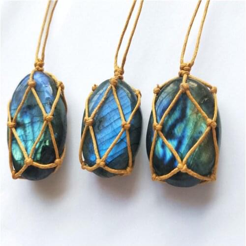 Shiny Natural Stone Faux Moonstone Genuine Weave Rope Handmade Necklace Jewelry Gift