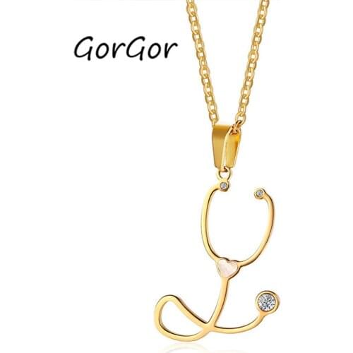 GorGor 2020 New Ladies Titanium Steel Zircon Shell Stethoscope O-chain Gold Plating Trendy Heart Women Necklace PN1065