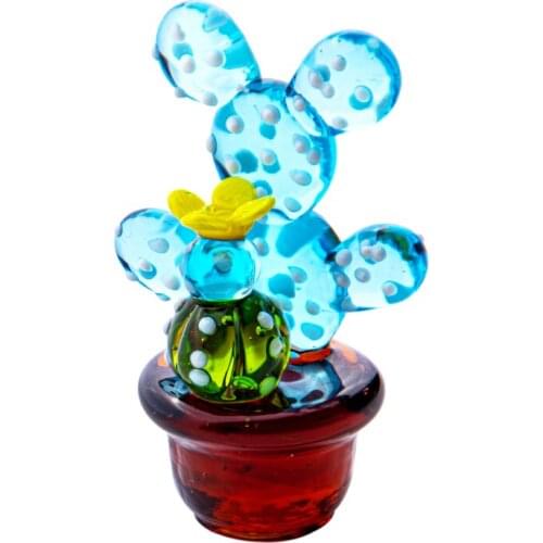 H&D Mini Blue Cactus Statue Glass Figurine Collectibles Ornament Hand Blown Sculpture Simulation Plants For Home Office Decor