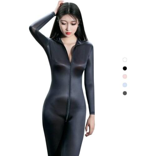 Teddy Lingerie Bodysuit Bodystocking Temptation Ultra-Stretch Shiny Zipper Open One-Piece Motorcycle Clothes Kiki Sexy Underwear