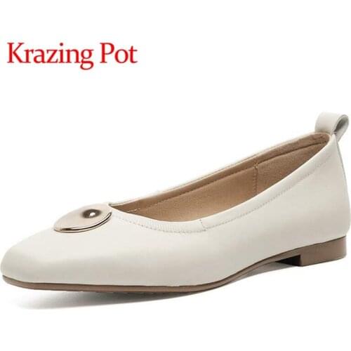 Krazing Pot genuine leather square toe low heels young lady metal fasteners handmade convenient vintage slip on women flats L65