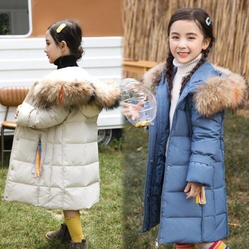 Kids Duck Down Jacket Winter Girls Warm Racoon Fur Hooded Long Outwear Coat Thicken Warm Teenage Clothes BC752