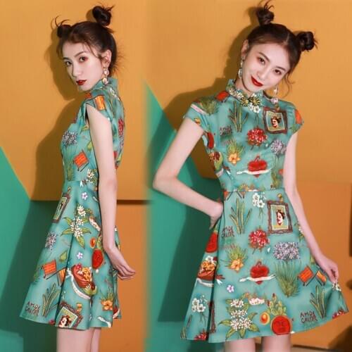 Summer Women Cheongsam Print Flower Robe Gown Vintage Ladies Evening Party Dress Slim A-Line Qipao Vestidos Stage Show Dresses