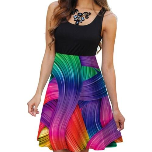 Summer Colorful Flow Line Patchwork O-neck Spaghetti Strap Sleeveless Dresses For Women Casual