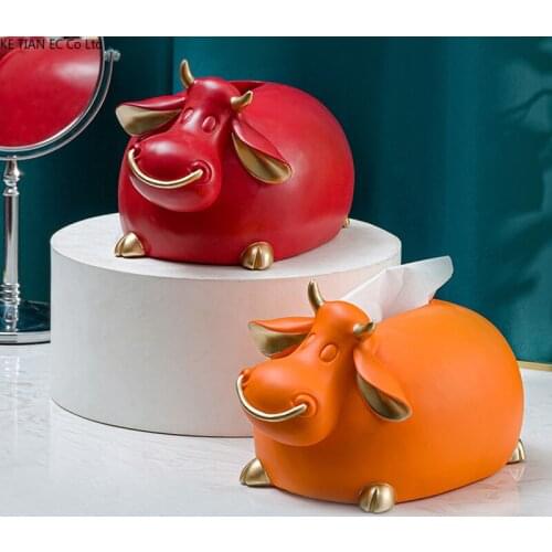 Cute Cow Tissue Box Resin Animal Sculpture Crafts Bedroom Restaurant Desktop Pumping Box Household Storage Box Home Decoration
