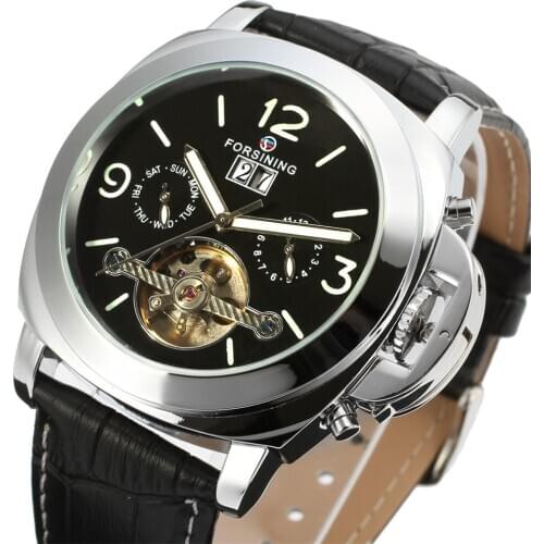 New FORSINING Luxury Watch Men Leather Strap Automatic Skeleton Mechanical Wristwatch Fashion Casual Silver Tourbillon Clock