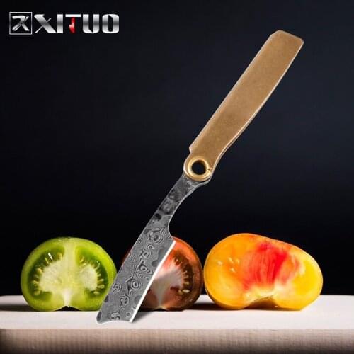 XITUO Damascus Steel Paring Knife Mini Razor Multifunction Portable Pendant Keychain Folding Knife Kitchen Outdoor Tools Gift